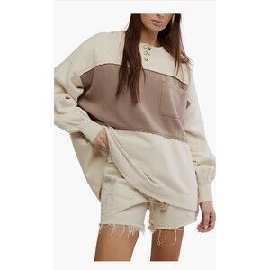 Free People Two-Tone Cream and Taupe Colorblock Sweatshirt